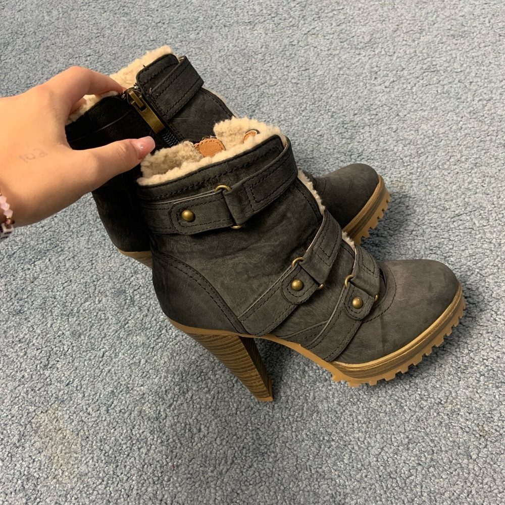 3.5 in. heeled Sherpa-lined strapped and zip up booties